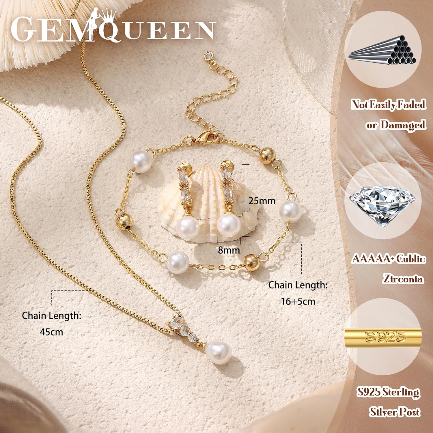 GEMQUEEN 14K Gold Plated Pearl Jewelry Set for Women - 925 Sterling Silver Post Dangle Earrings Dainty Pearl Necklace Bracelet Wedding Jewelry Sets for Bride Bridesmaid CZ Costume Accessories Trendy - Image 2