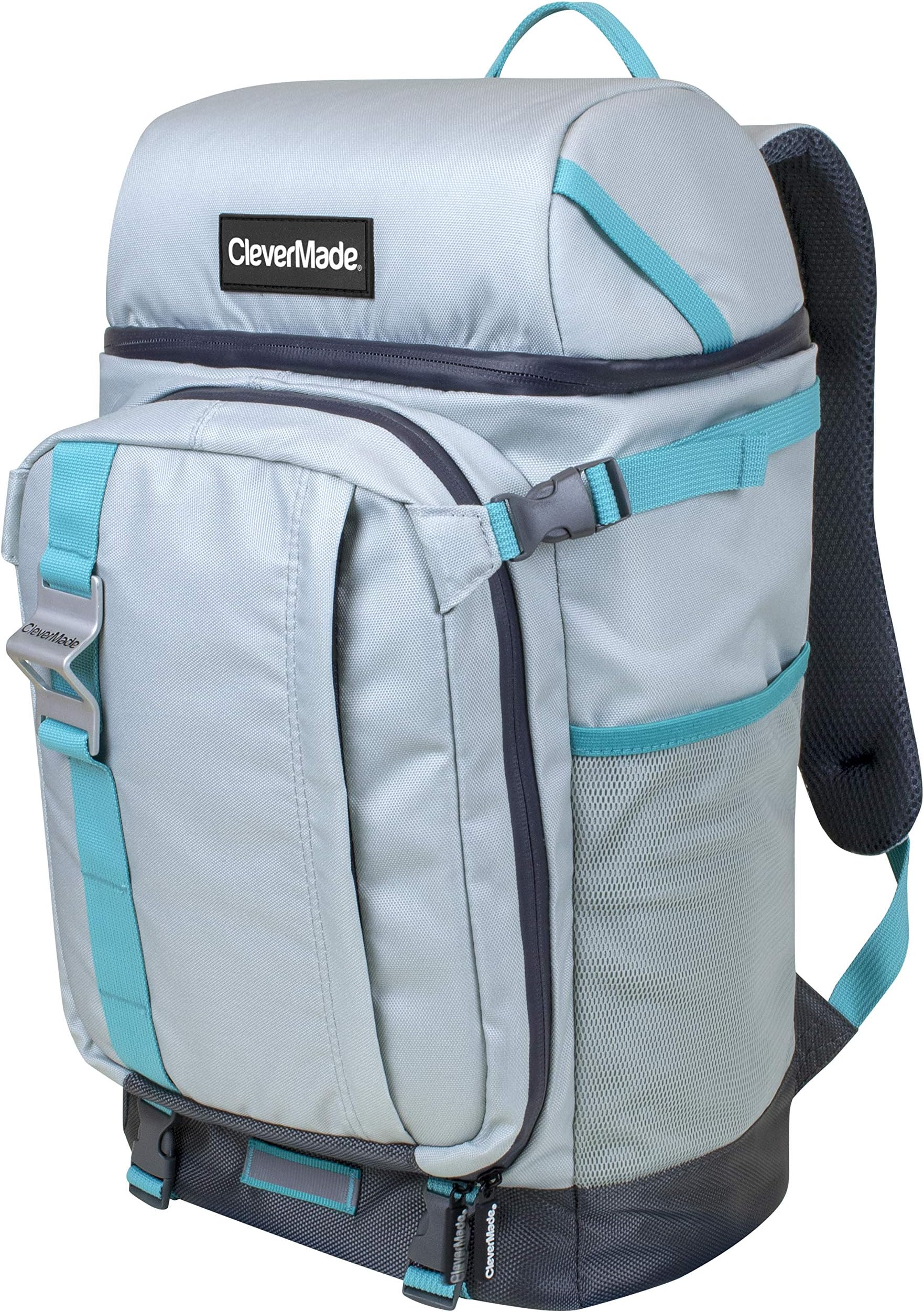 CleverMadeCardiff Backpack Cooler Bag - Insulated 24 Can Soft Leakproof Cooler with Bottle Opener, Dry Storage Compartments and Mesh Side Pockets, Grey (7067-4103-3908)
