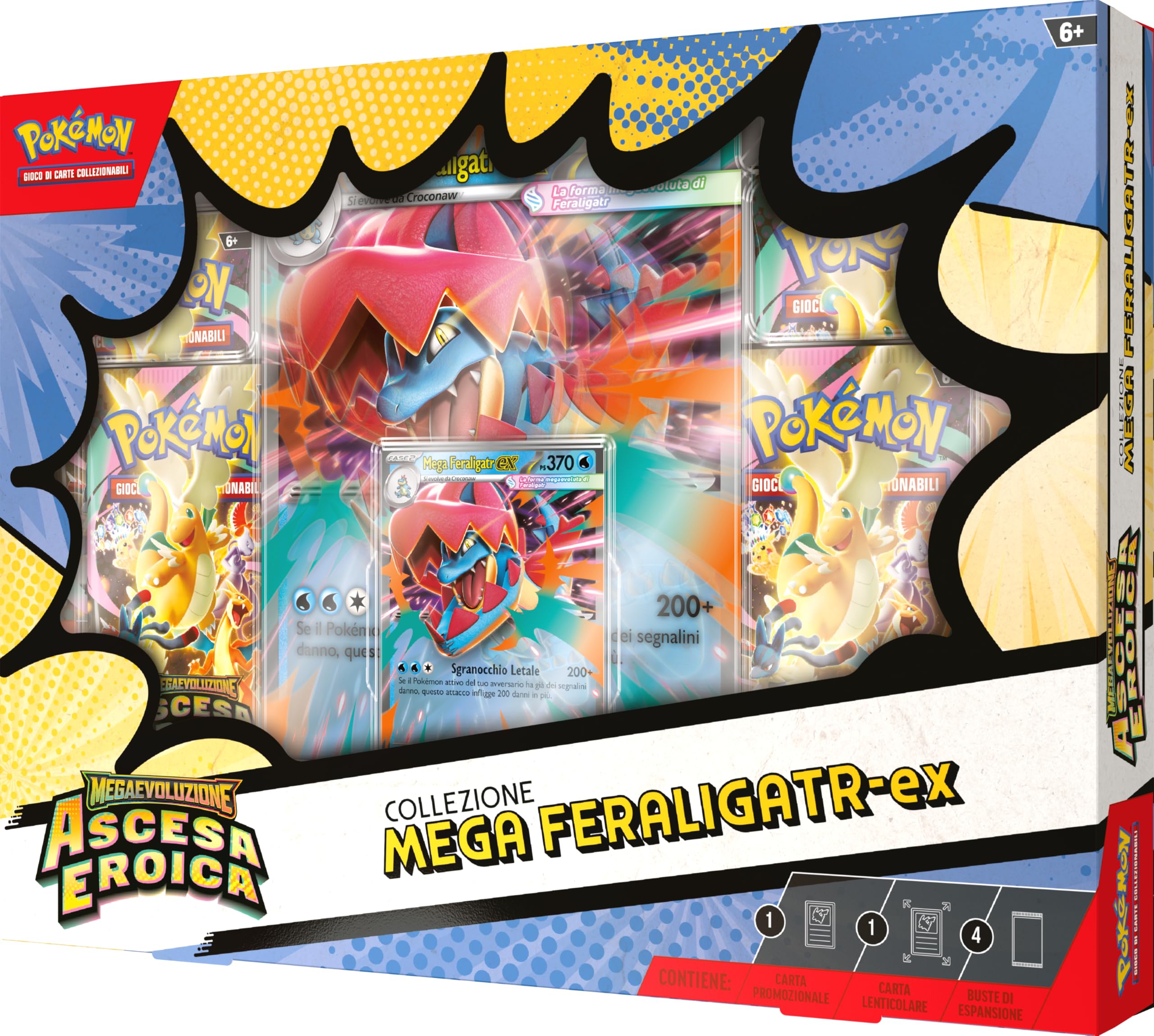 Pokémon: collezione Mega Feraligatr-ex dell’espansione Megaevoluzione - Ascesa Eroica del GCC Pokémon (una carta promozionale olografica, una carta lenticolare gigante e quattro buste di espansione)