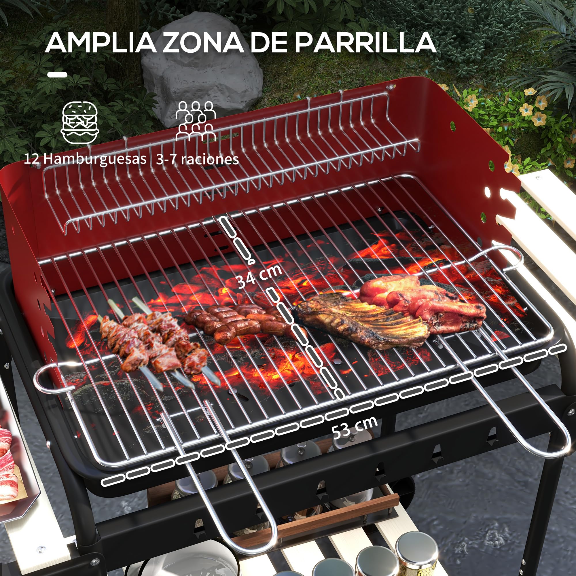 Outsunny Barbacoa de Carbón con Ruedas Barbacoa Portátil 103x47x95 cm con Parrilla Ajustable en Altura de 5 Niveles Estantes y 6 Ganchos para Pícnic Camping Rojo