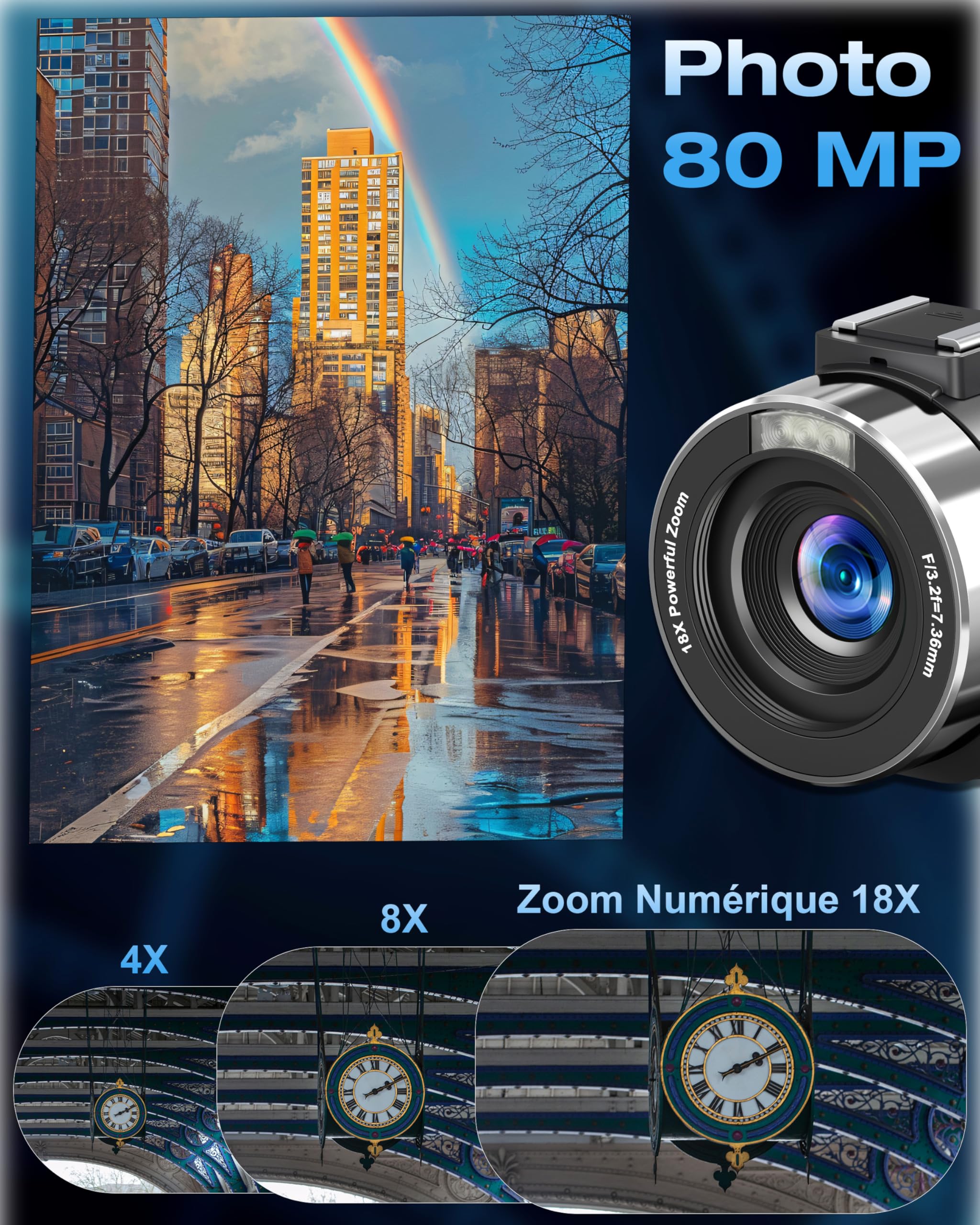 Caméscope 4K 80MP 30FPS Vision Nocturne Infrarouge Zoom 18X Écran IPS 3,0 Pouces avec 2 Piles et Carte SD 32Go