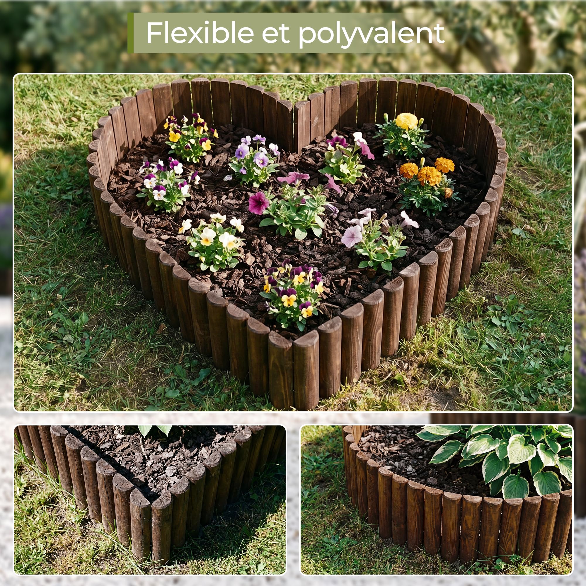 Recinzione in legno per esterni, giardino, prato, paesaggio, flessibile, finitura in legno bruciato, lunghezza 120 cm x altezza 30 cm, marrone scuro