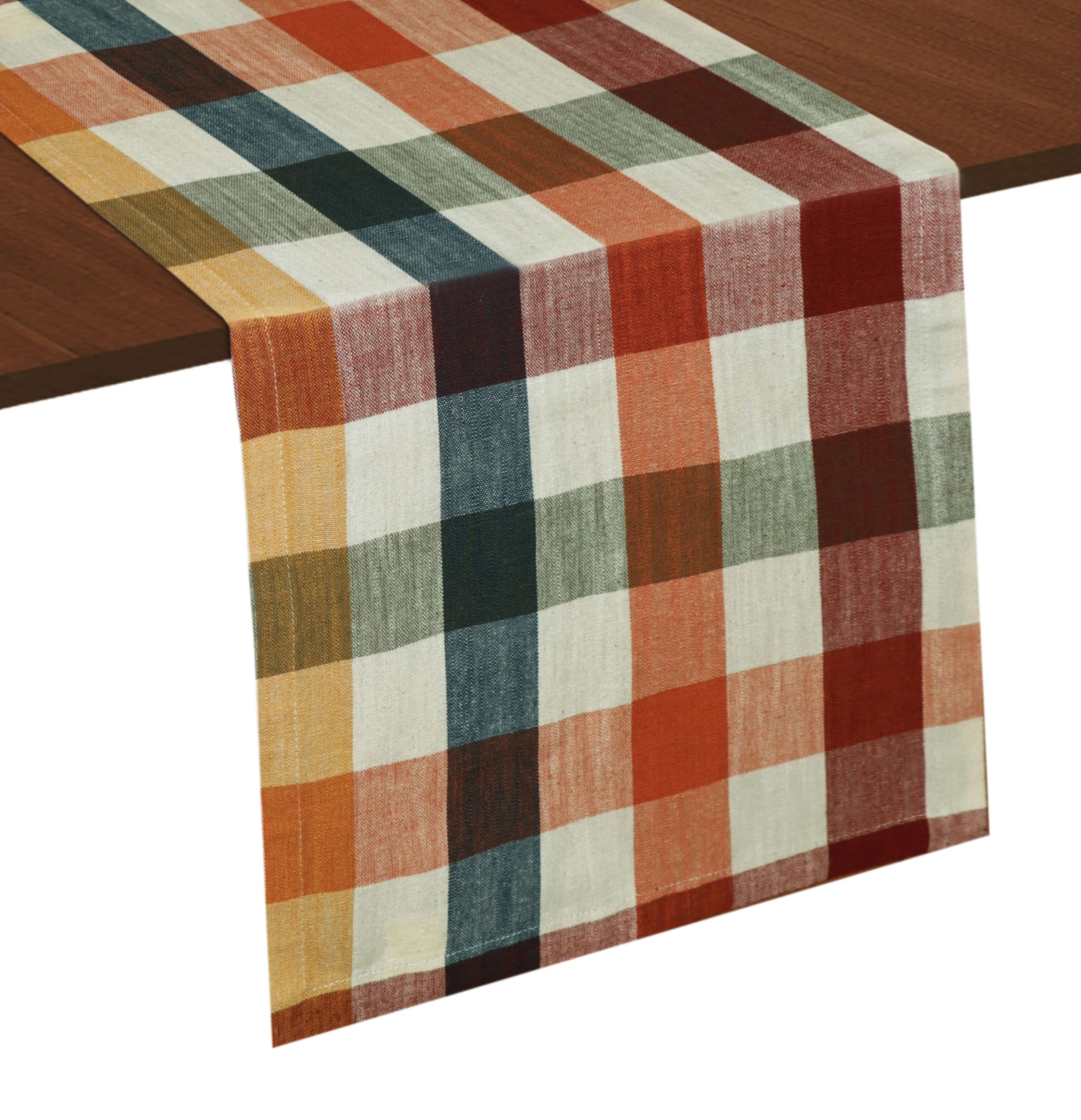 COTTON CRAFT Harvest Plaid Table Runner - Pure Cotton Everyday Rustic Fall Autumn Halloween Thanksgiving Christmas Holiday Party Reusable Dining Tablerunner Decor - 13x72 inches - Ivory Rust Teal