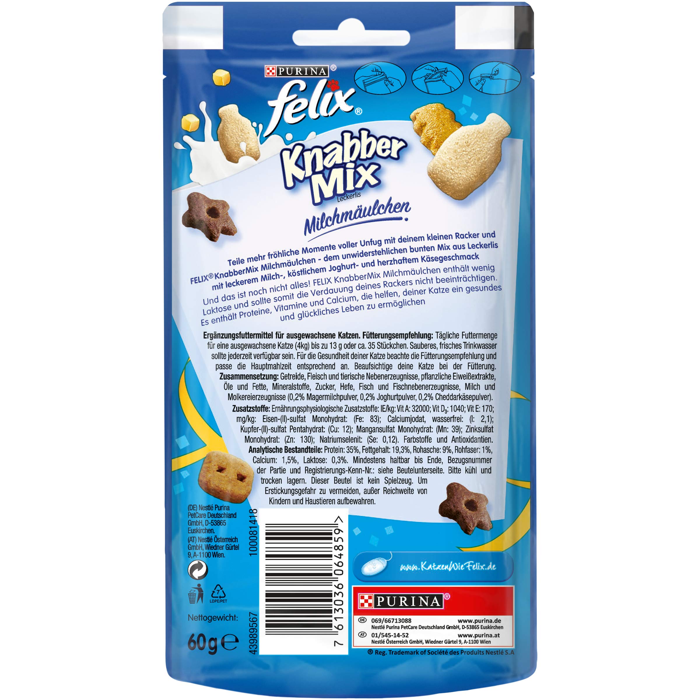 FELIX KnabberMix kuleczki mleczne, przekąska dla kotów, chrupiąca przysmak, uboga w laktozie, 8 sztuk (8 x 60 g) | przekąska dla kota, bez laktozy