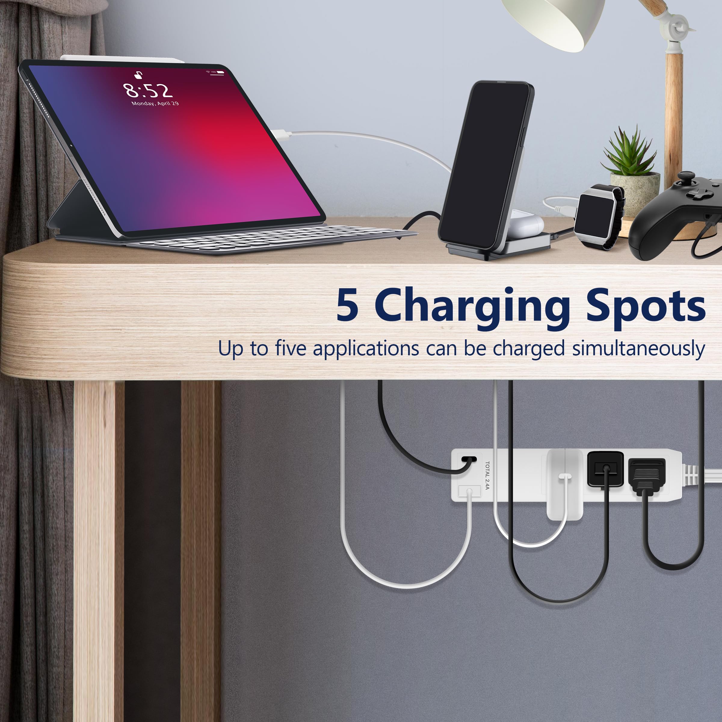 LIDER Steckerverlängerung mit 3 Buchsen, 12W USB, Typ A und USB Typ C, ultradünne Wandplattenstecker mit Kabelverlängerung, 3 Ausgänge, Netzfilter, flaches Gesicht, Fi-Design