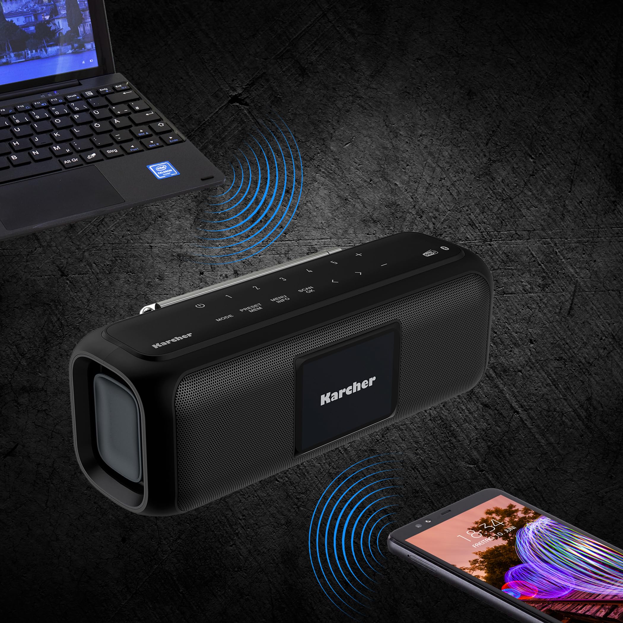 Karcher DAB Go tragbarer Bluetooth Lautsprecher & Digitalradio DAB+ / UKW Radio mit 2, 4" Farbdisplay/Wecker / 5 Watt Stereo-Sound/USB-C/Akku, Schwarz