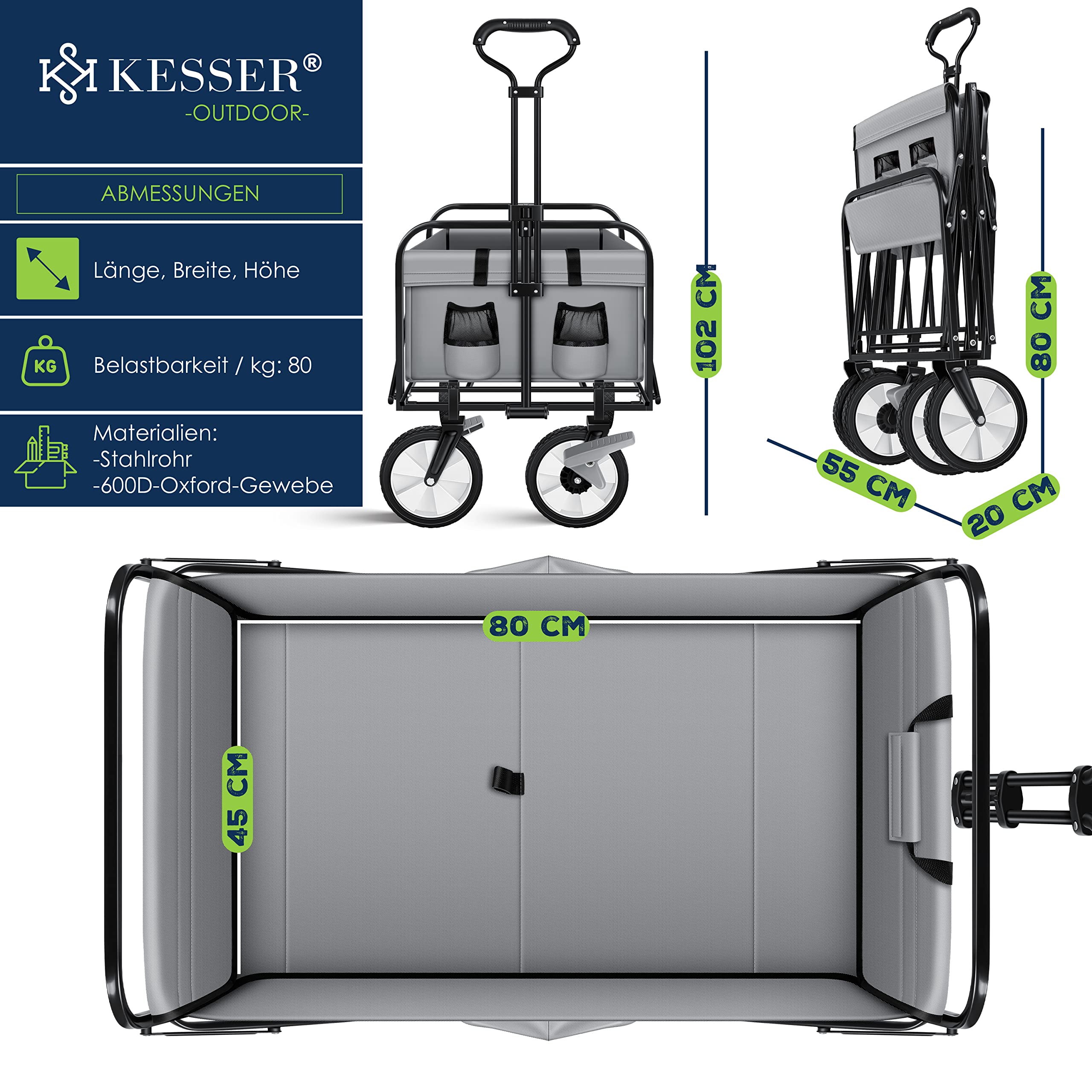 KESSER® Bollerwagen faltbar Handwagen Transportkarre max. 150kg Tragkraft & 360° PVC-Reifen Gerätewagen inkl. 2 Netztaschen, Seitentasche & Abdeckung Transportwagen Gartenanhänger ohne Dach, Grau
