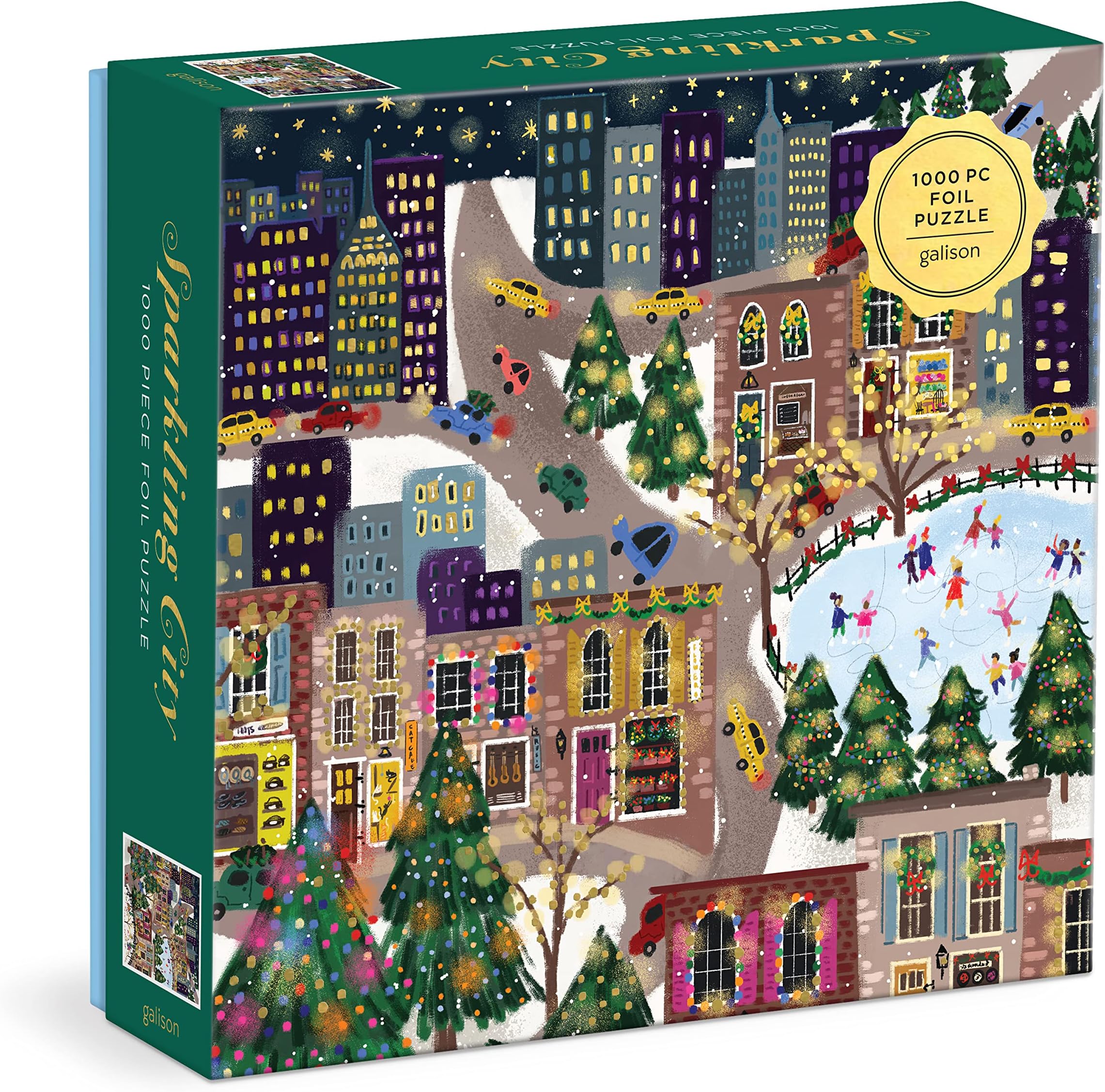 Galison Sparkling City – 1000 Piece Foil Puzzle with Illustrations of Colorful Merriments in The City with Gold Foil Accents