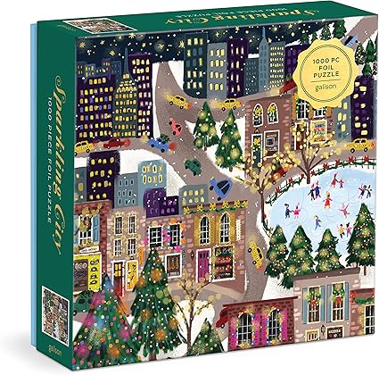 Galison Sparkling City – 1000 Piece Foil Puzzle with Illustrations of Colorful Merriments in The City with Gold Foil Accents