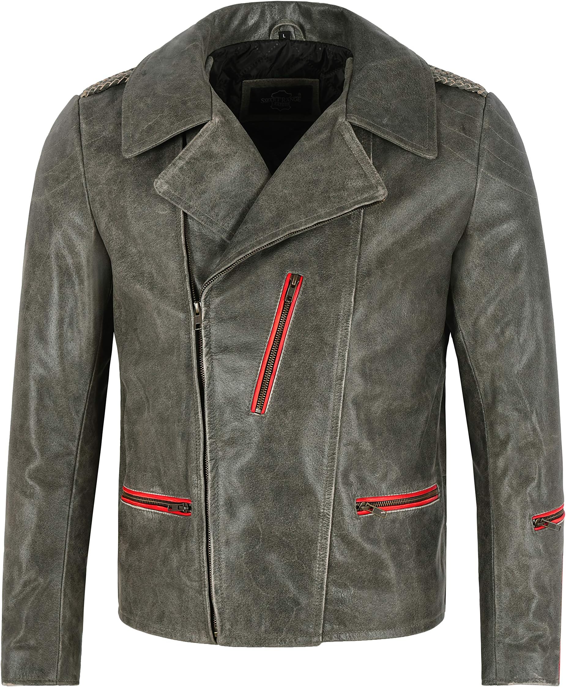 70'S Retro Collared Jacket Grey Cow Leather Classic Biker Fashion Vintage Jacket