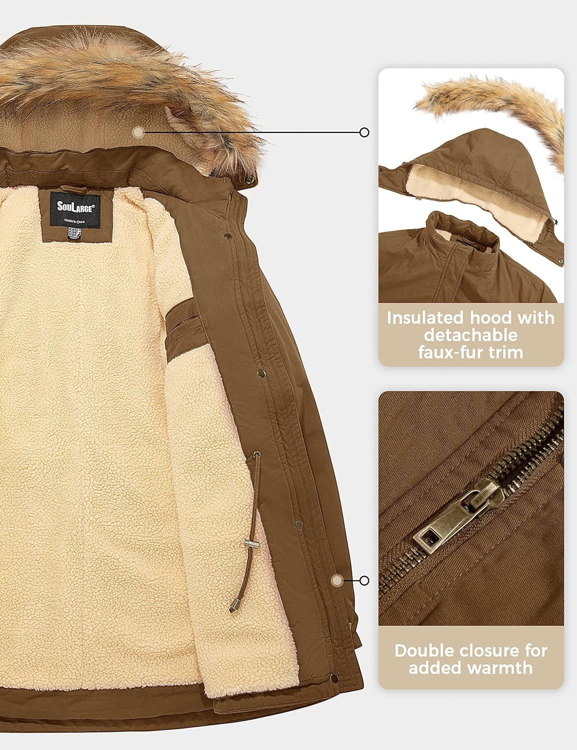 Soularge Women's Winter Plus Size Sherpa Lined Jacket with Detachable Hood - Image 3