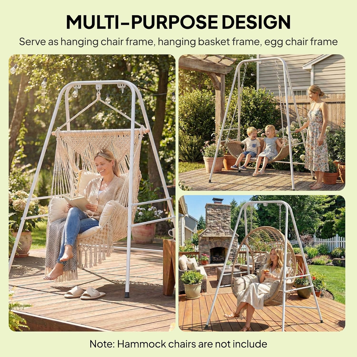Indoor/Outdoor Hammock Chair Stand – White Powder-Coated Steel, 330lb Rated, 54.3"x50.8"x72", Anti-Slip Pads, 3 Rings & Carabiners