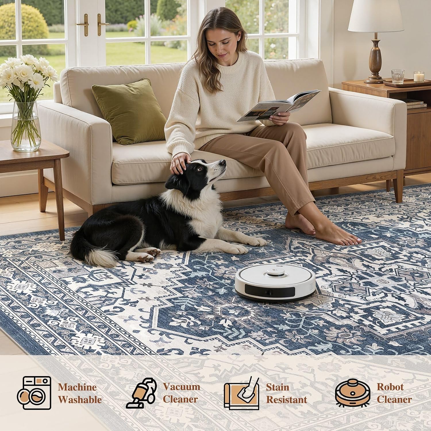  5x7 Area Rug for Living Room - Washable Vintage Carpet, Non-Slip Soft Large Indoor Floor Rugs for Bedroom Home Office & Under Dining Table Decor, Denim Blue/White thumbnail