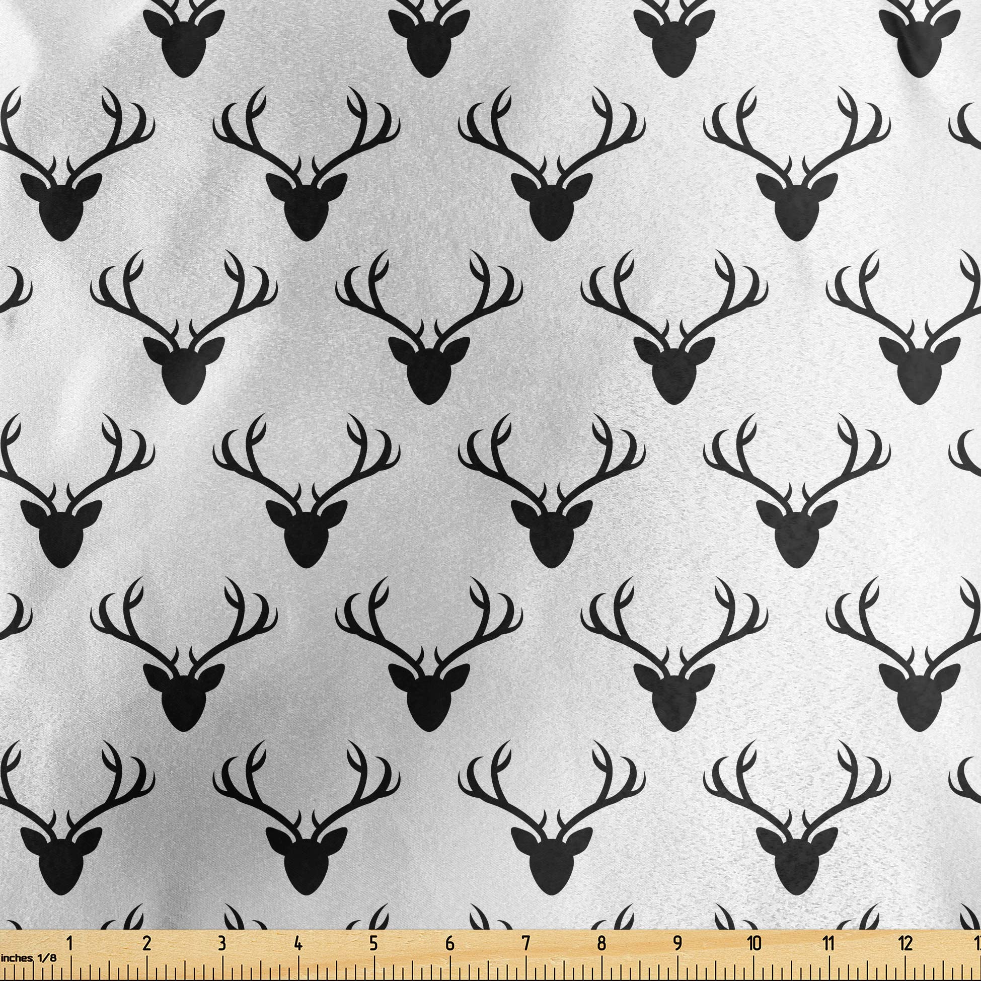 Lunarable Deer Fabric by The Yard, Pattern with Deer Heads Silhouettes Horn Curvy Wildlife Forest Creative Design Print, Decorative Satin Fabric for Home Textiles and Crafts, 1 Yards, Charcoal White