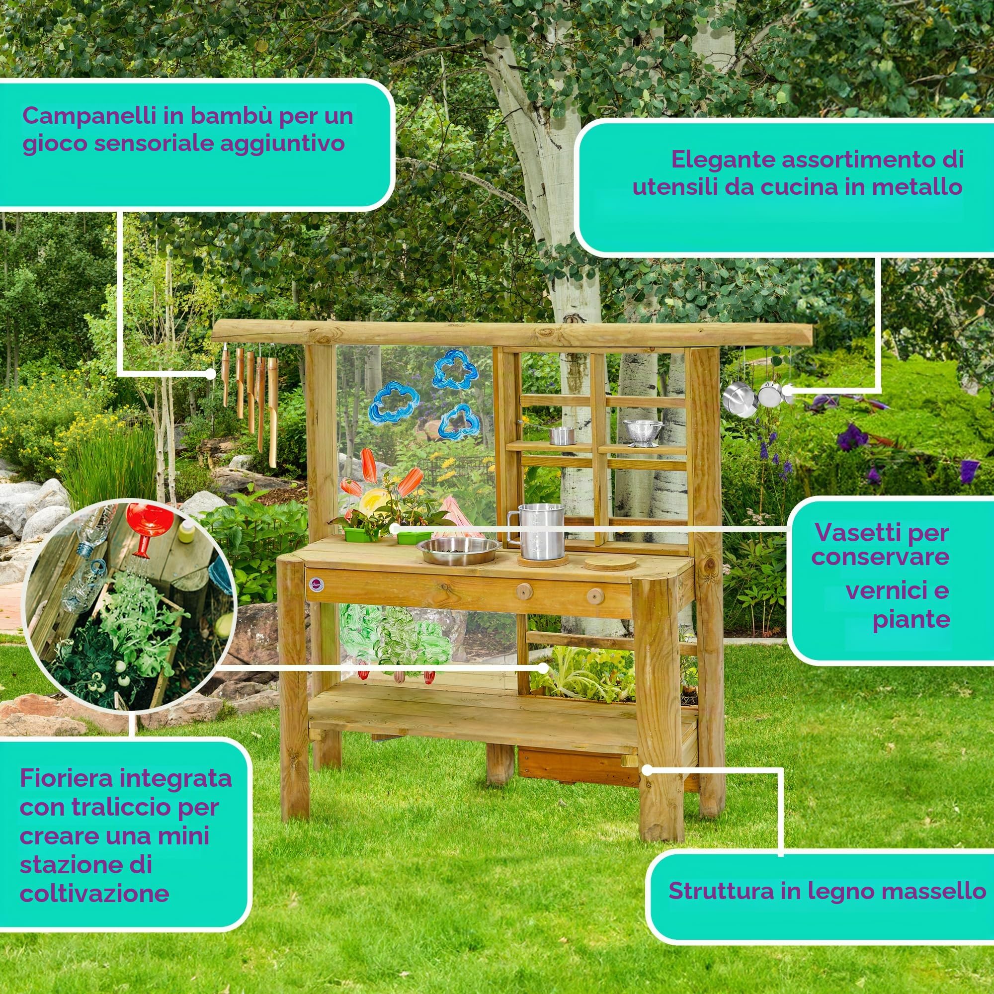 Plum Discovery Outdoor Mud Pie Kitchen Sensory Play – Fioriera integrata da giardino, lavello, utensili da cucina, schermo facile da pulire con vernice a base d'acqua, adatto per bambini dai 3 anni in