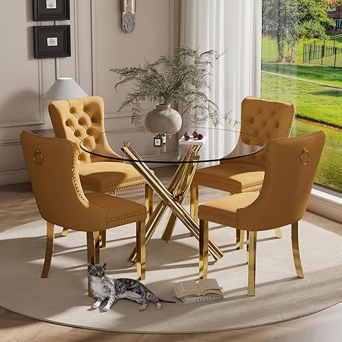 Miniatura 66 de Juego de mesa de comedor redonda dorada de 5 piezas, moderno juego de cocina circular de lujo para 4, 36 pulgadas, transparente, minimalista