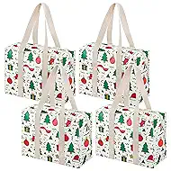 VENO 4 Pack Reusable Grocery Bags with Zipper, Heavy Duty Utility Tote with Hard Bottom, Foldable Water-Resistant Shopping Bags for Summer Beach, Pool, Picnic & Family Travel (Jingle Mix)