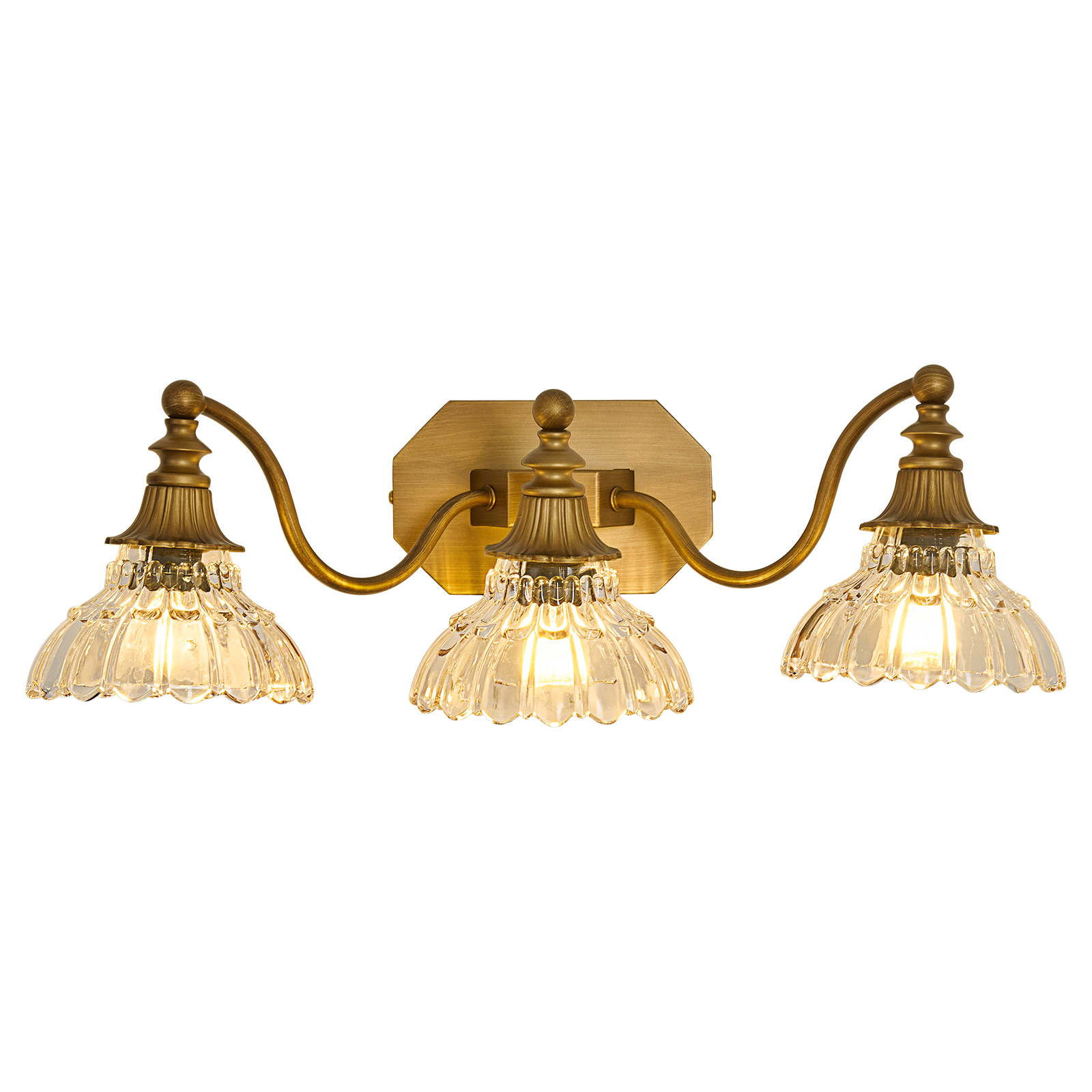 Image of hesoge Vintage Bathroom Light Fixture Brushed Gold Vanity Light with Crystal Glass Shade Antique Brass 3 Light Bathroom Light Over Mirror