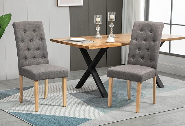 Hallowood Furniture Premium Roll Top Linen Fabric Dining Chairs Set of 2 in Grey Colour - Dining Chair with Backrest & Solid Wooden Legs - Modern Kitchen Chairs for Dining Room, Home,Restaurant & Café