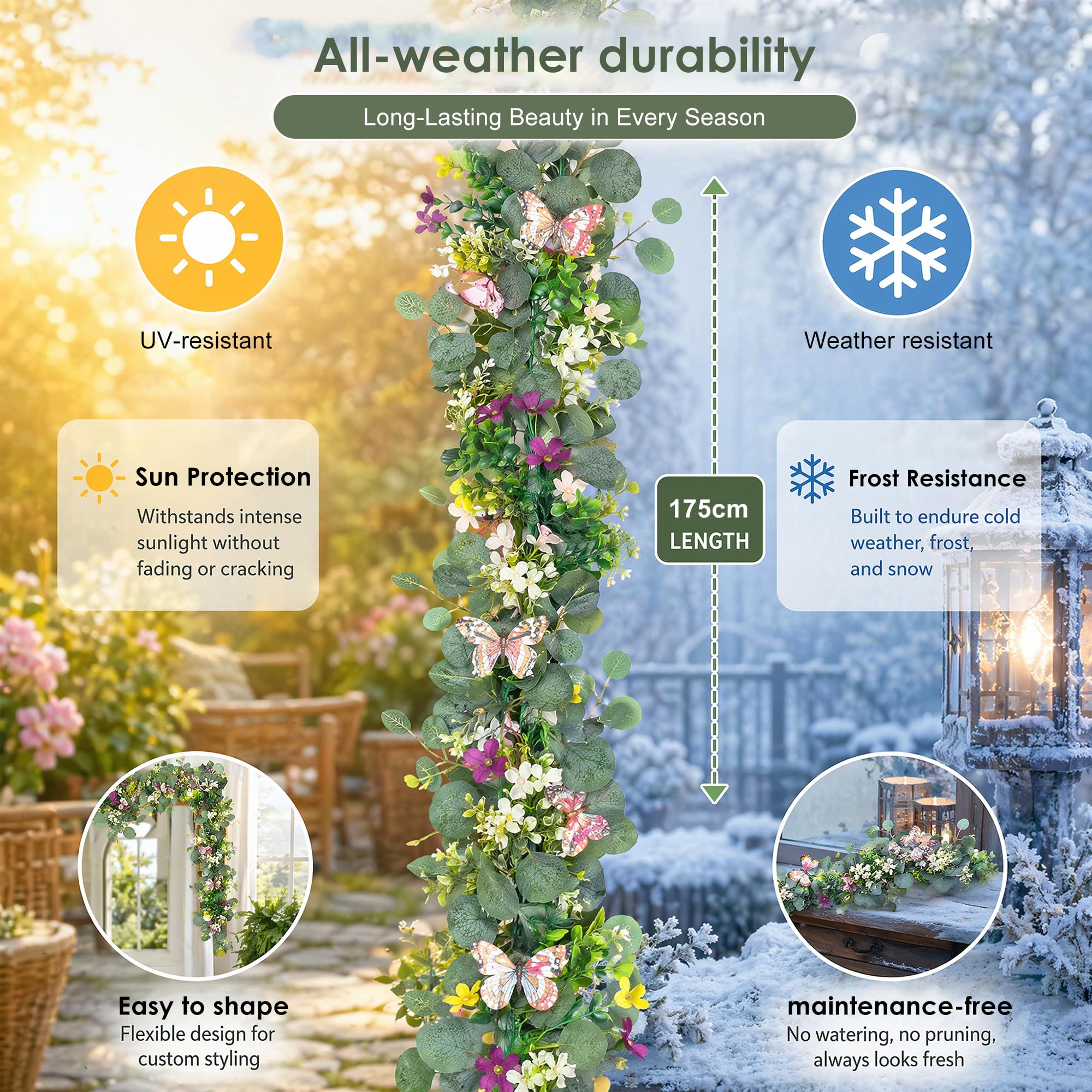 4 Pièces Guirlande Fleurs Artificielles 1.8m avec Fleurs Blanches et Papillons 3D Guirlande Eucalyptus Plante Artificielle de Fleur Fausse Plantes pour Murale Mariage à Maison Décoration