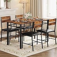 Vista 9 de Juego de mesa de comedor IRONCK para 4, mesa de cocina de madera con sillas tapizadas para cocina y espacios pequeños, color marrón rústico Marrón