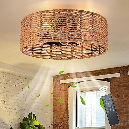 Ventiladores de techo enjaulados con cuerda de cáñamo ligero, ventilador de techo bohemio de perfil bajo con luz y control remoto, ventiladores de