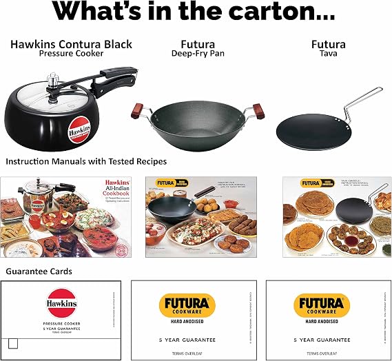 Hawkins Triniti Kitchen Set (Tava, Deep-Fry Pan, Inner Lid Pressure Cooker), Black (PCWSET1), Hard Anodised Aluminium