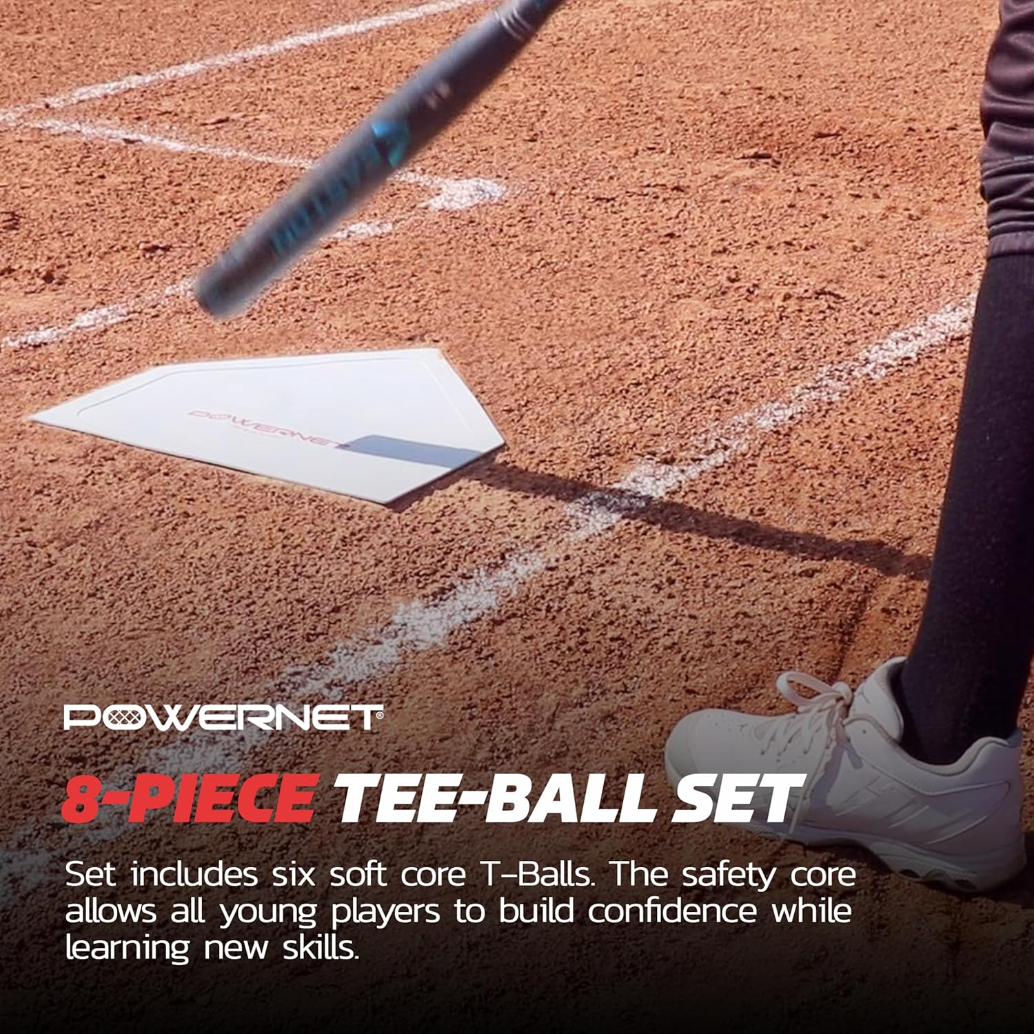 PowerNet Softball T-Ball Coaching Bundle | 8 Piece Tee-Ball Set Includes Soft Core Softballs, Adjustable Tee, Throw Down Bases to Coach