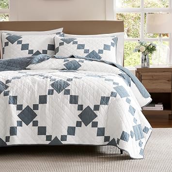 WDCOZY 100% Cotton Quilt California Cal King Size, Oversized Lightweight Reversible Gingham Patchwork Bedding Set with 2 Pillow Shams, Blue Block Pattern Farmhouse Rustic Bedspread Coverlet All Season