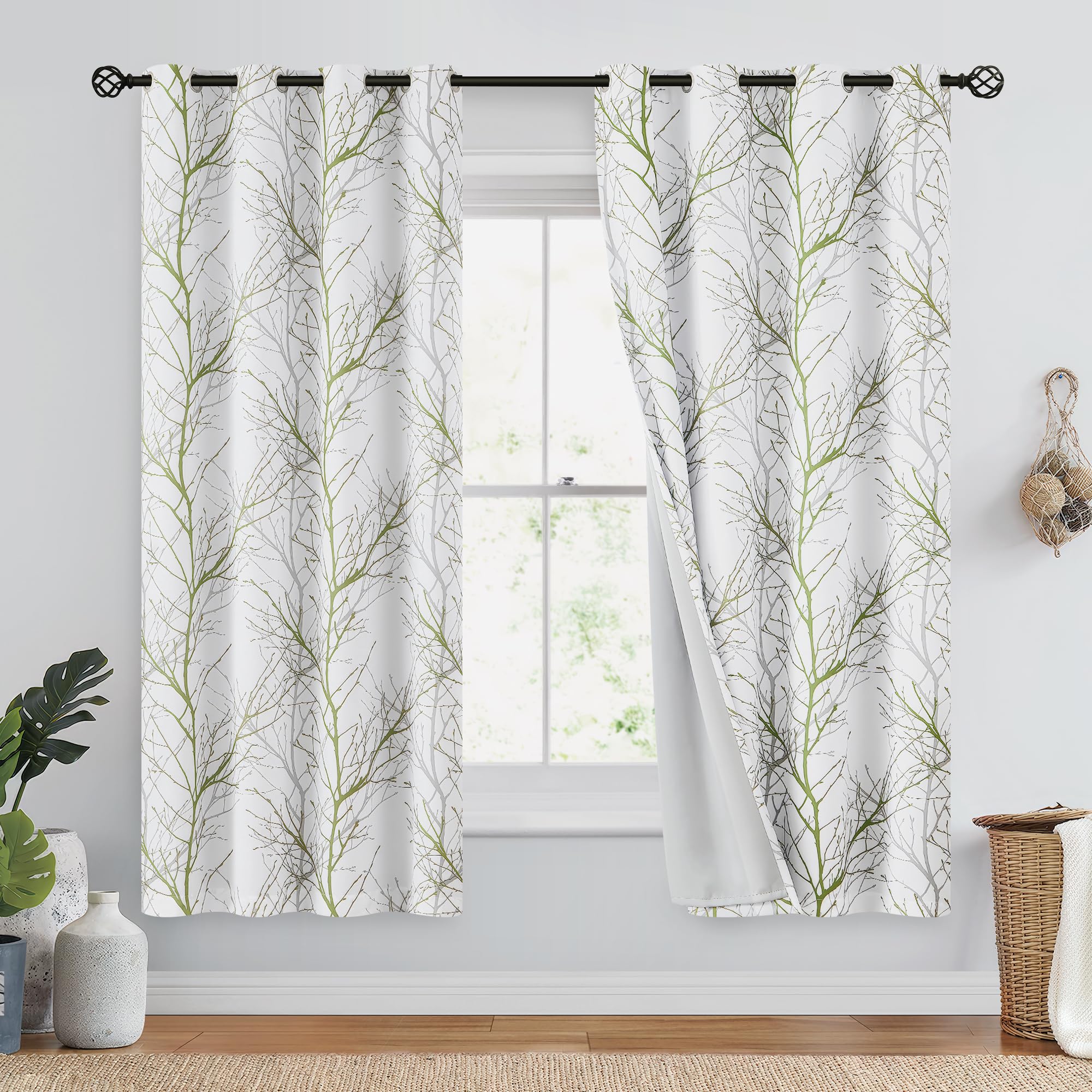 FMFUNCTEX 100% Blackout Curtains Sage Green Tree Liner Curtains for Bedroom, Branch Partterned Curtains 63 inch Length for Living Room, Room Darkening Thermal Insulated Drapes, Grommet Top 2 Panels