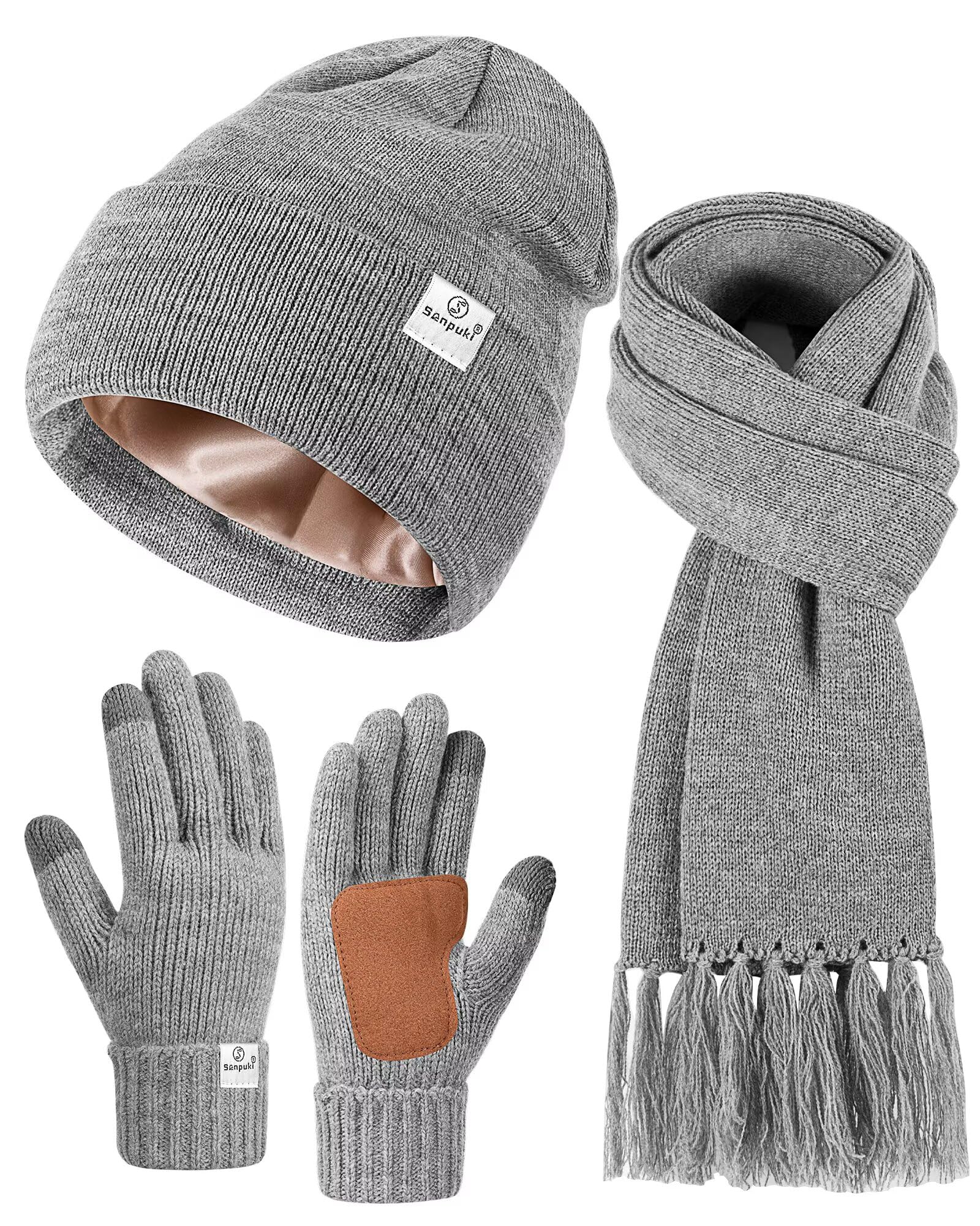 Damen-Set, mit Satin gefüttert, Wintermütze, langer Strickschal, Touchscreen-Handschuhe, modisch, warm, 3-in-1-Geschenk-Set für Damen und Herren, Grau, GRAU, Einheitsgröße
