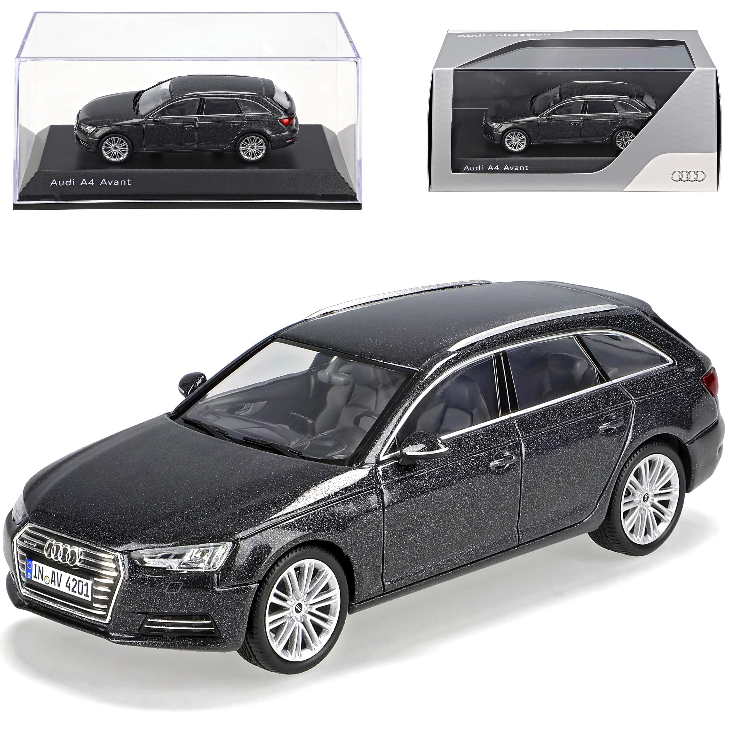 alles-meine.de GmbH A*u*d*i A4 B9 Avant Kombi Daytona Grau Schwarz Ab 2015 1/43 Spark Modell Auto mit individiuellem Wunschkennzeichen