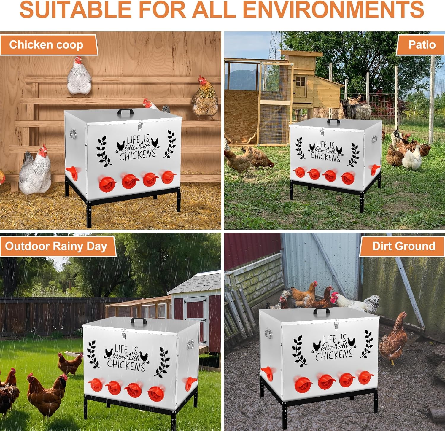 Chicken Feeder Metal, 95LB Large Chicken Feeder with 10 No Waste Feeding Ports, Galvanized Chicken Feeders with 4 Adjustable Legs & Locking Lid