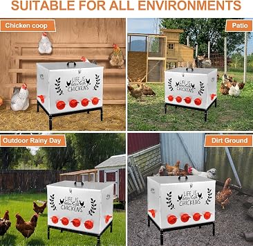 Automatic Chicken Feeders with Lid, 95LB Galvanized Chicken Feeder Metal - 10 No Waste Feeding Ports, Outdoor Large Capacity Poultry Feeders with 4 Adjustable Legs for Outdoor Chicken Coop