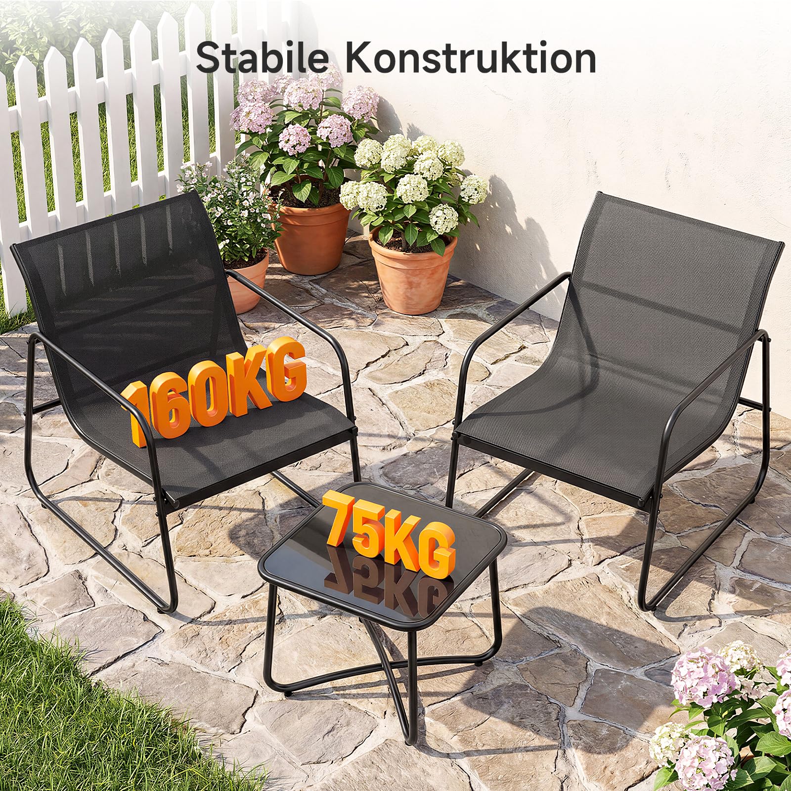 Gartenmöbel Set 3-teilig – Balkonmöbel mit 2 Schaukelstühlen Outdoor und Tisch, Balkonmöbel Set für kleinen Balkon, Outdoor Möbel wetterfest, Textilene Sitzgruppe für Terrasse & Garten