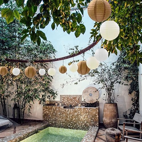 Miniatura 3 de Paquete de 15 linternas de papel assoerted de 1210864 pulgadas de papel kraft marrón crema y blanco decorativos redondos chinos para decoraciones