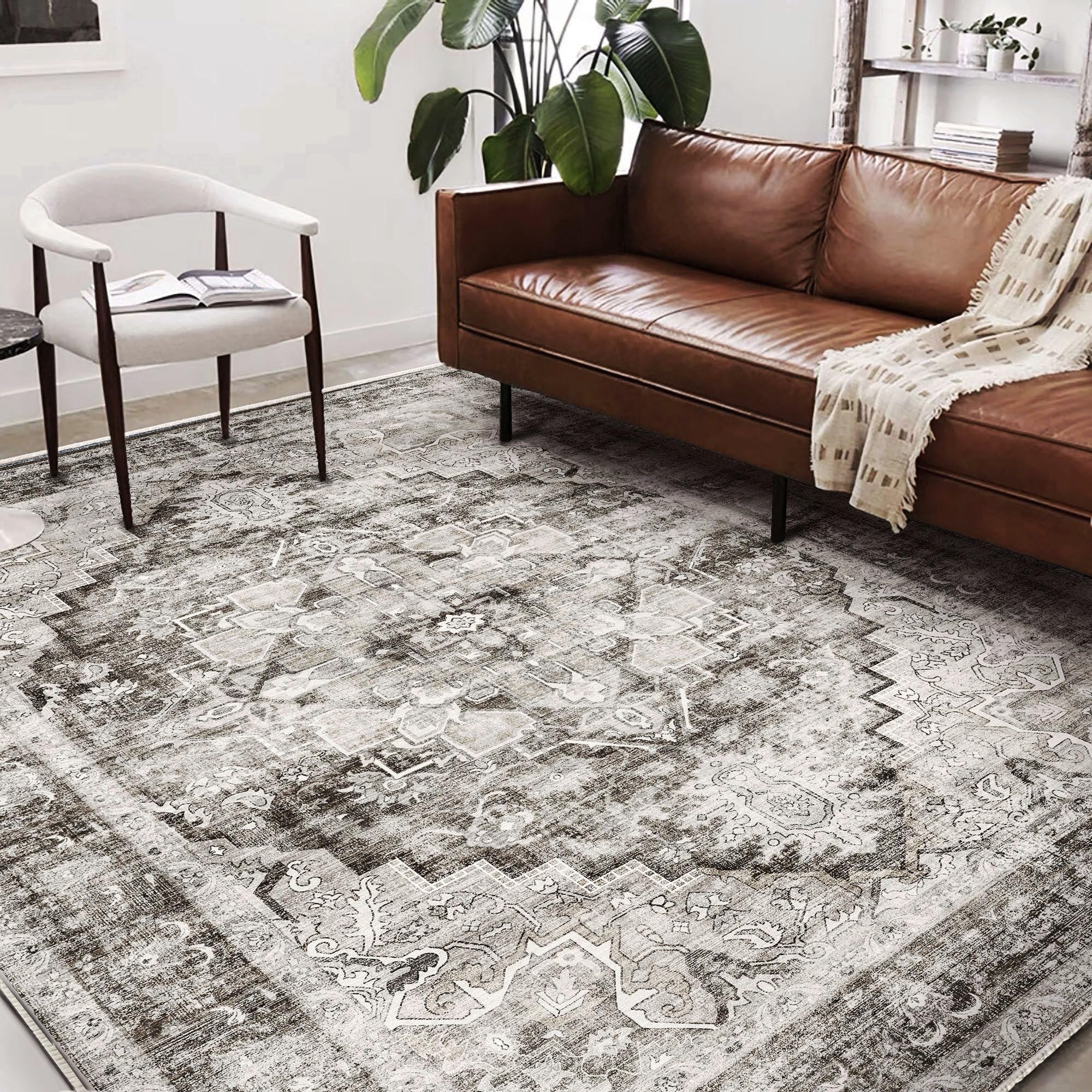 CHAMPLANT Washable Area Rug 8'x10' Deep Khaki Retro Boho Design Non-Shedding Non-Slip Easy Care Ideal for High Traffic Areas in Living Room Bedroom