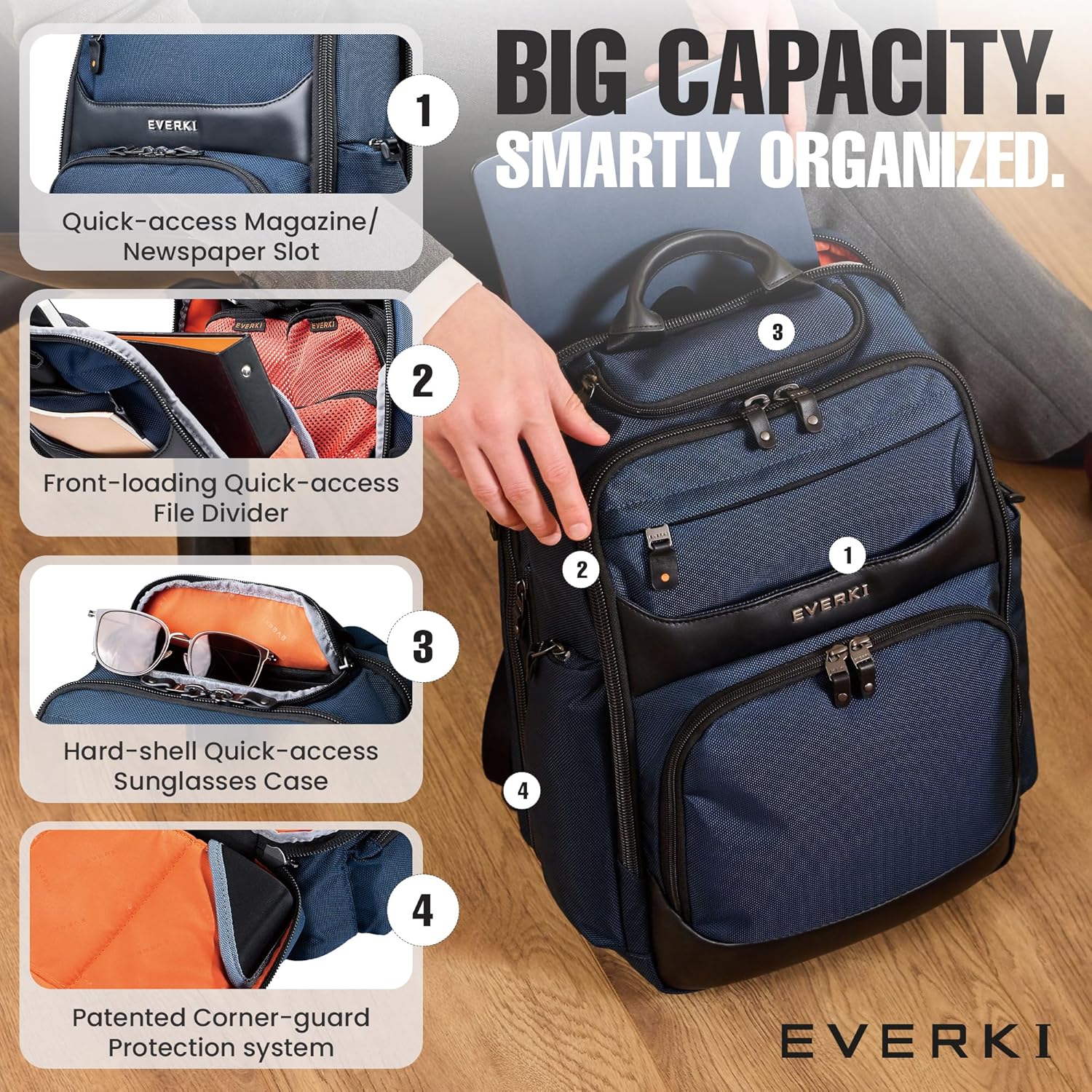 EVERKI Onyx Premium Business Executive Laptop Backpack – Ballistic Nylon & Leather Office Laptop Bagpack, Office Backpack, Business Computer Bag, Dedicated Compartment up to 17.3" (EKP132S17N), Navy