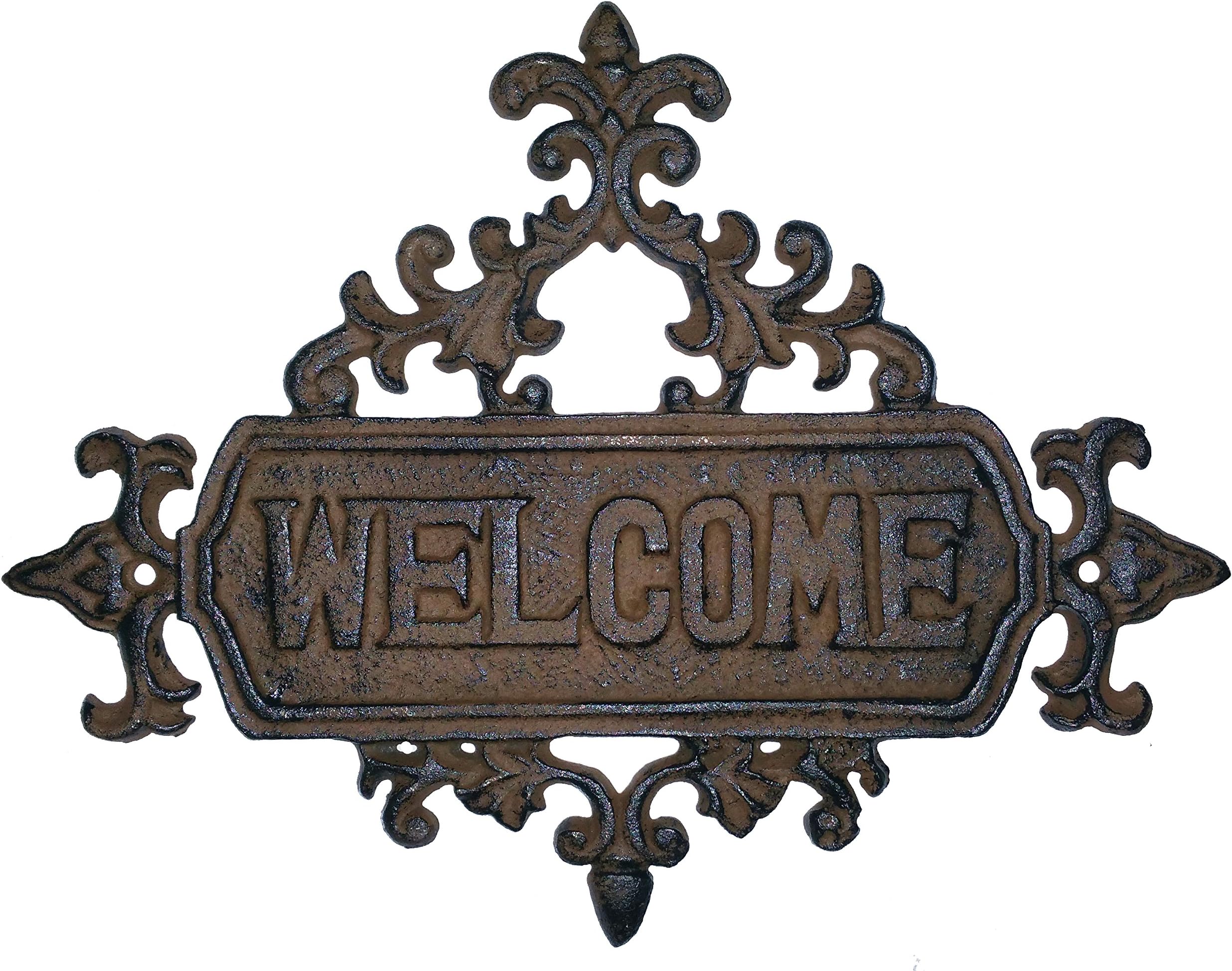 TLT Charming Scrolled Fleur De Lis Welcome Plaque - Brushed Brown Antique Finish