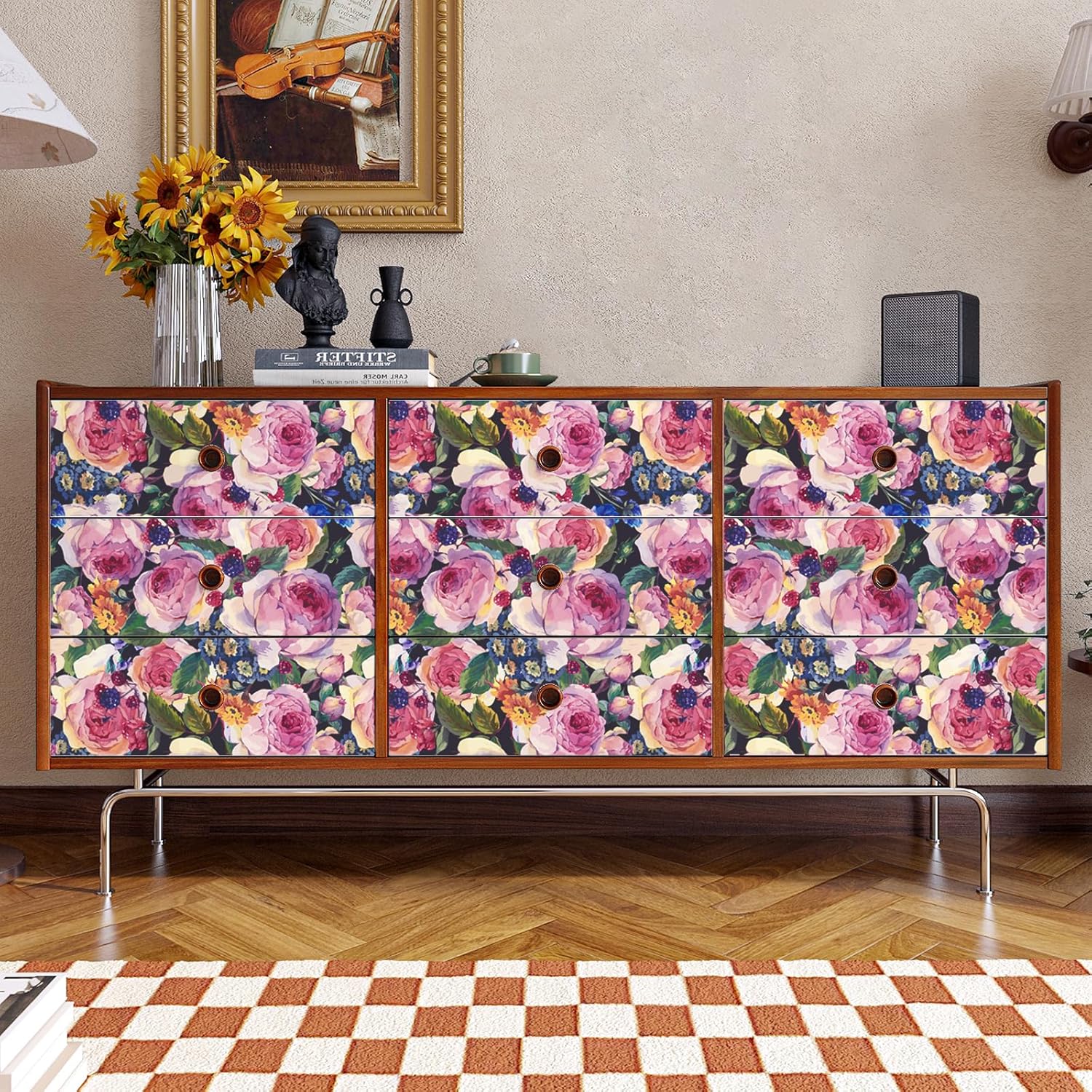 VaryPaper 17.7"x315" Dark Floral Wallpaper Peel and Stick Vintage Watercolor Peony Wallpaper Self Adhesive Flower Contact Paper Removable Floral Wall Paper for Bedroom Living Room Accent Wall