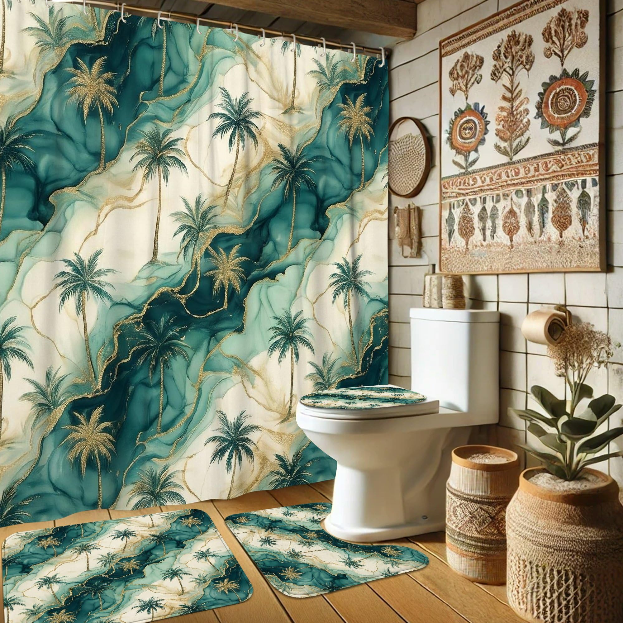 Rideau de douche en tissu imperméable haut de gamme aux motifs dorés et bleu sarcelle chic