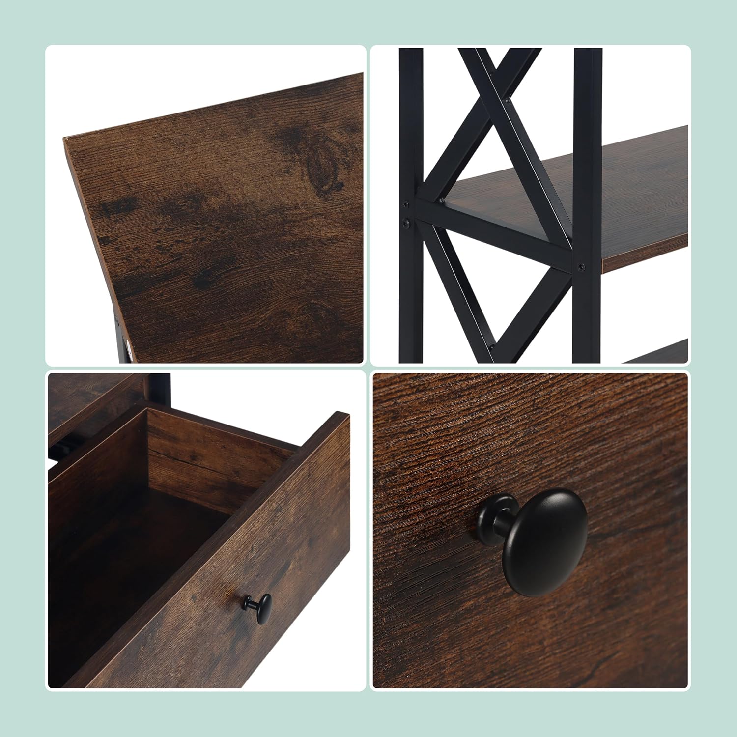 Close-up views of the console table's details including top surface, X-frame, drawer, and knob