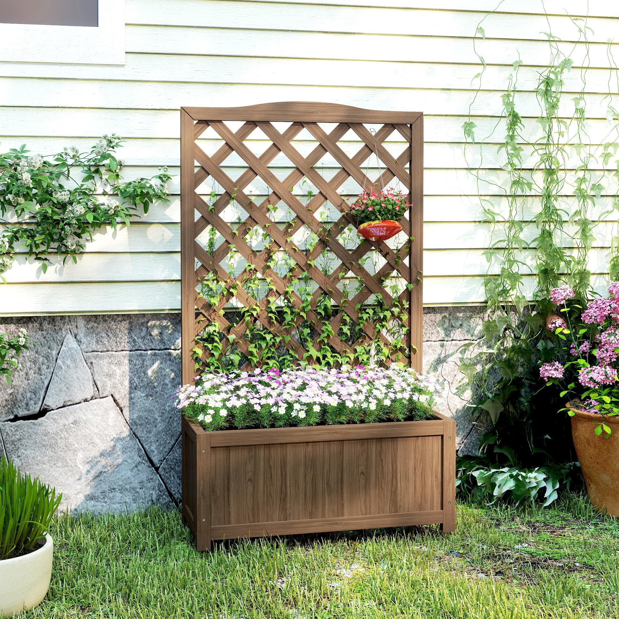 Outsunny Jardinière avec Treillis, Bac à Fleurs, Bois Massif, 70 x 28 x 117 cm, Café Foncé