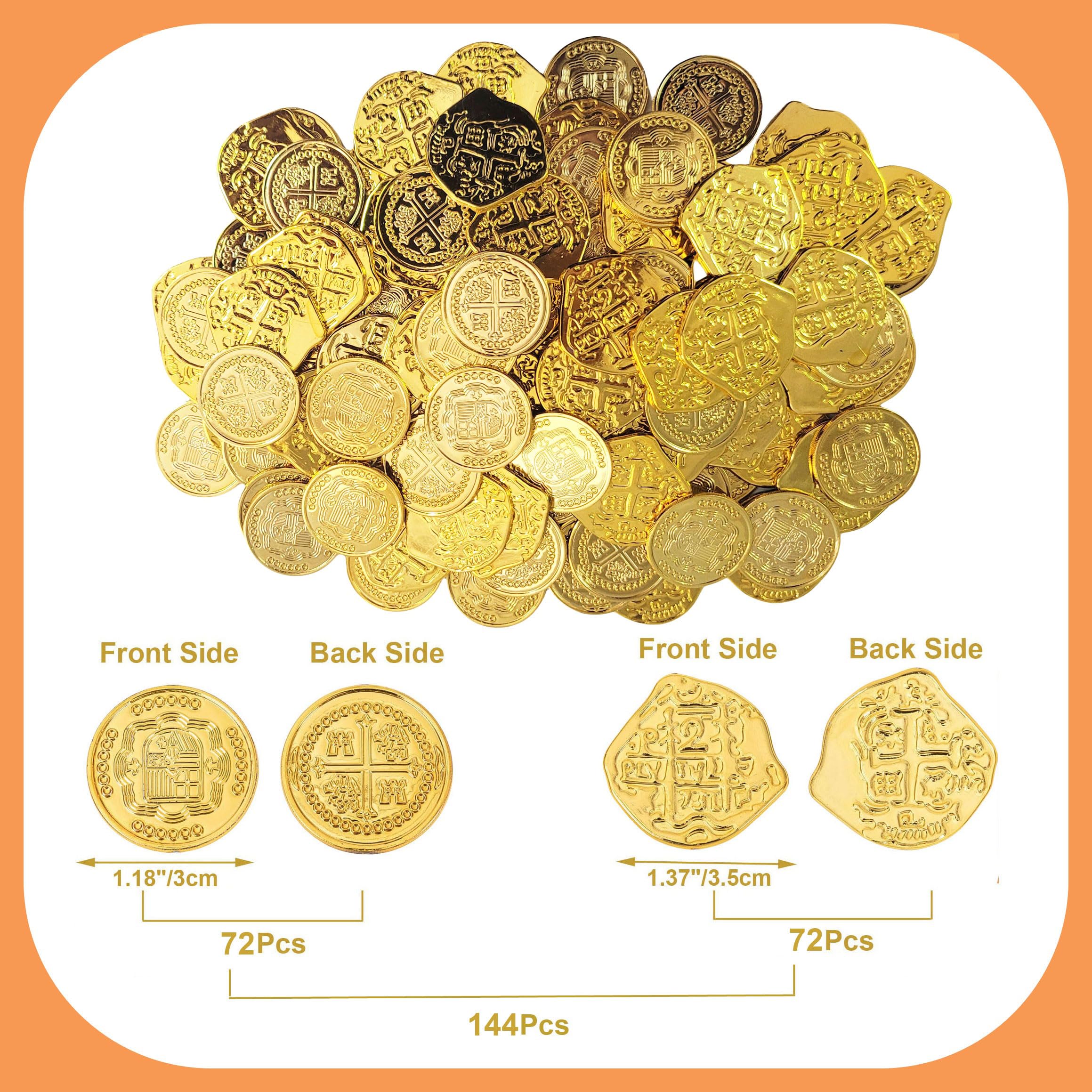 AiFanS 144 Pcs Fake Gold Coins - Plastic Pirate Gold Coins for Kids - Perfect for Pirate Themed Parties, Games, and Treasure Hunts(4 Pattern)