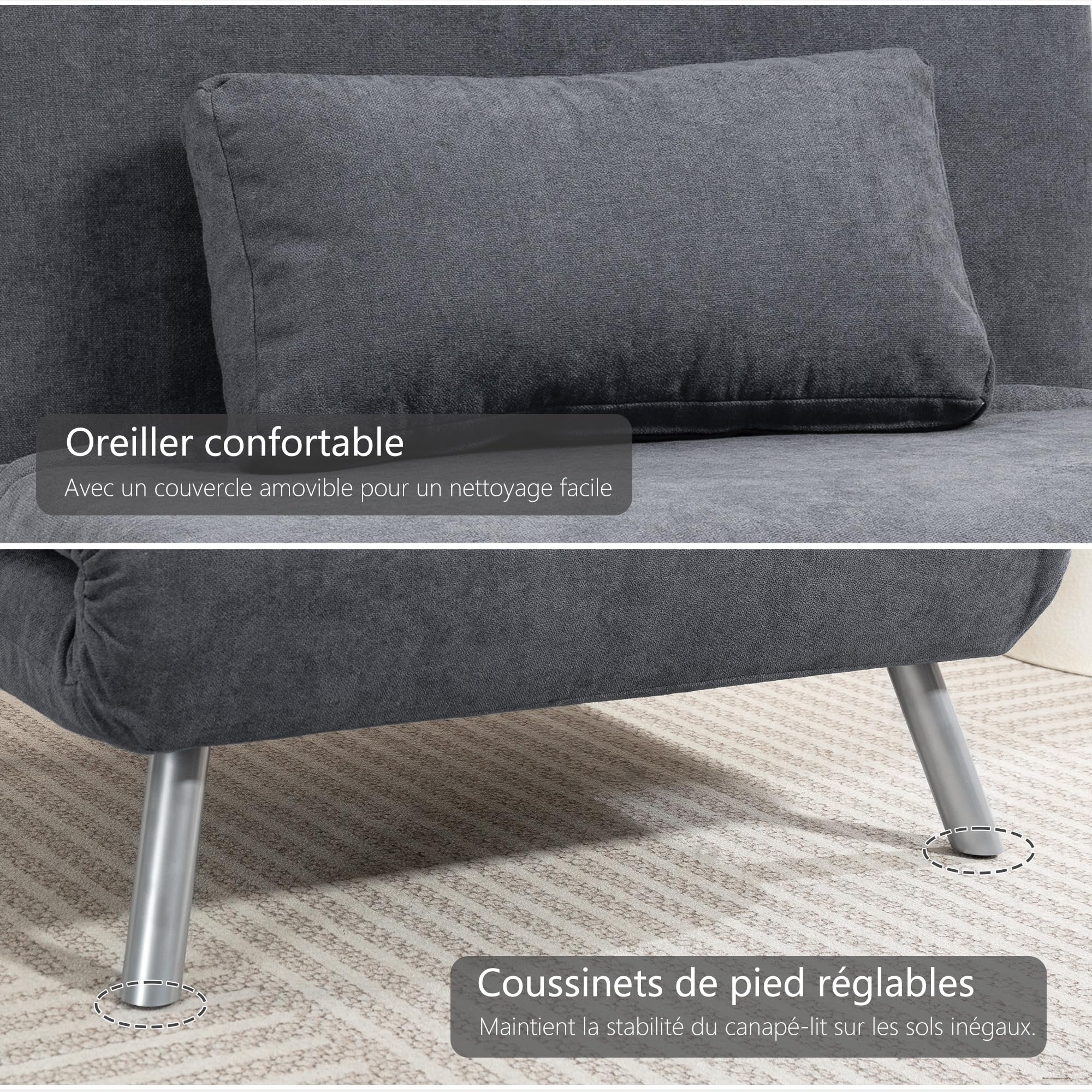 HOMCOM Fauteuil Convertible 1 Place, Fauteuil-lit clic-clac, chauffeuse 3 en 1 avec Dossier réglable, Oreiller, Assise Large, canapé-lit rembourré en Flanelle Neige pour invités, Salon, Bureau, Gris