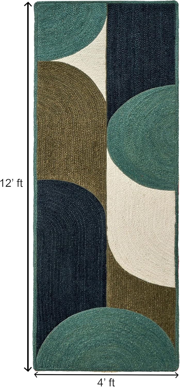 Handcrafted Woven Jute Runner Rug 2.6x4 Ft Rustic Vintage Area Rugs Modern Blue Geometric Pattern Jute Runner Rug Ideal for Hallway Entryway Kitchen Narrow Space Bedside Home Décor