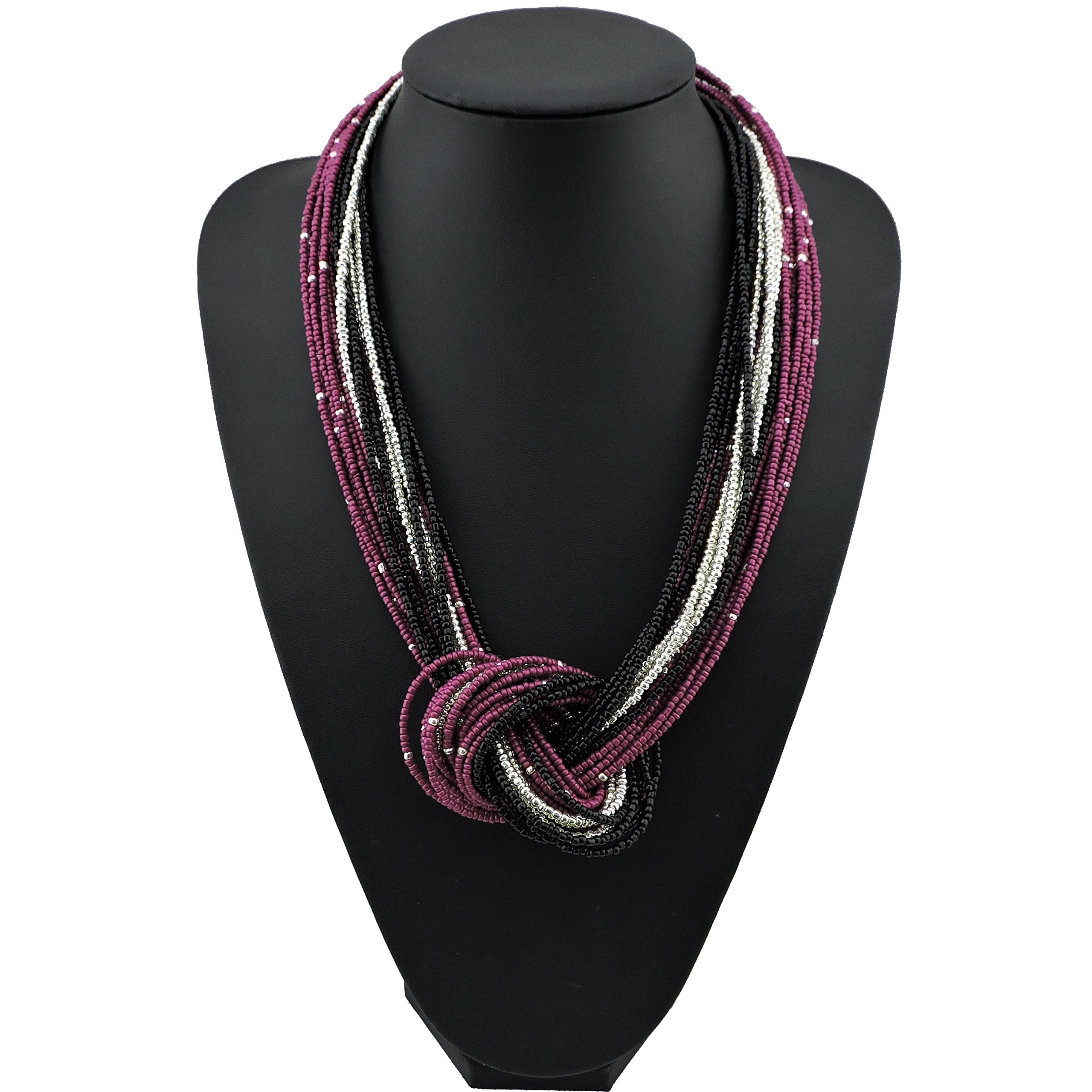 Bocar Collana a nodo multistrato con perline di semi (NK-10316-purple+black)