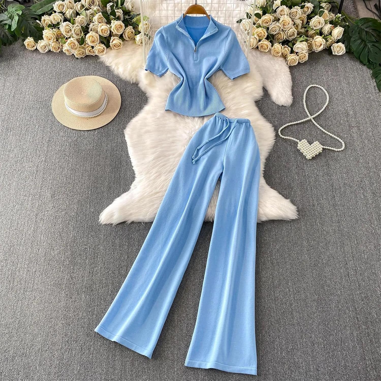 Women’S Office Simple Suit Summer Zipper Slim Wide Leg Pants Knitting Casual Set Wide Leg Pants Lounge Set