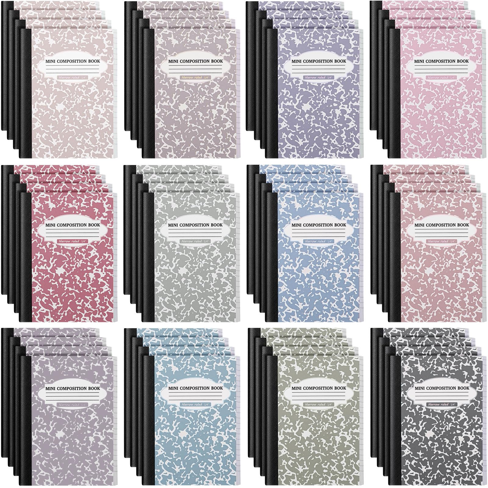 Colarr Confezione da 48 mini quaderni per composizione, copertine in marmo assortite, 11,4 x 8,1 cm, a righe strette, mini quaderni in marmo per scuola e ufficio, 120 pagine (60 fogli), 12 colori