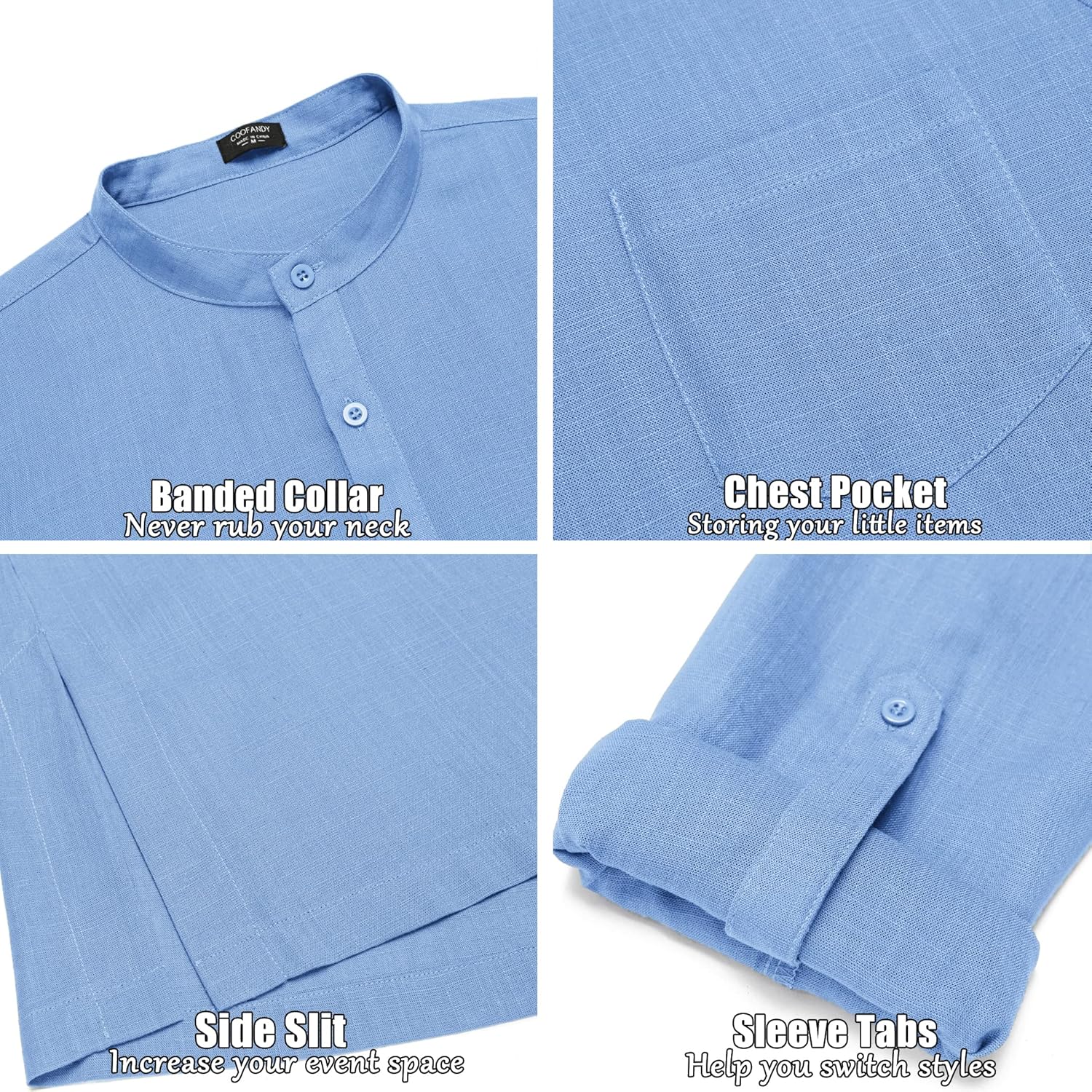 COOFANDY Men's Linen Henley Shirts Long Sleeve Collarless T-Shirts Longline Kurta Beach Shirts with Pocket - Image 6